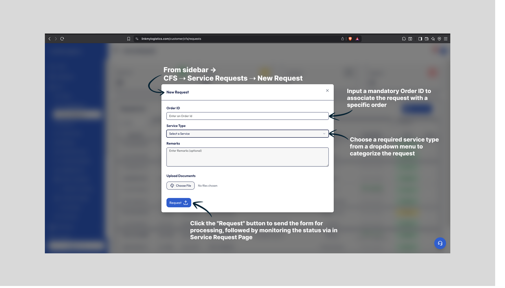 New Service Request Form Interface